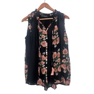 CAROLINA K Floral Poppy Silk Sleeveless Tassel Top Women’s Sz Large Black